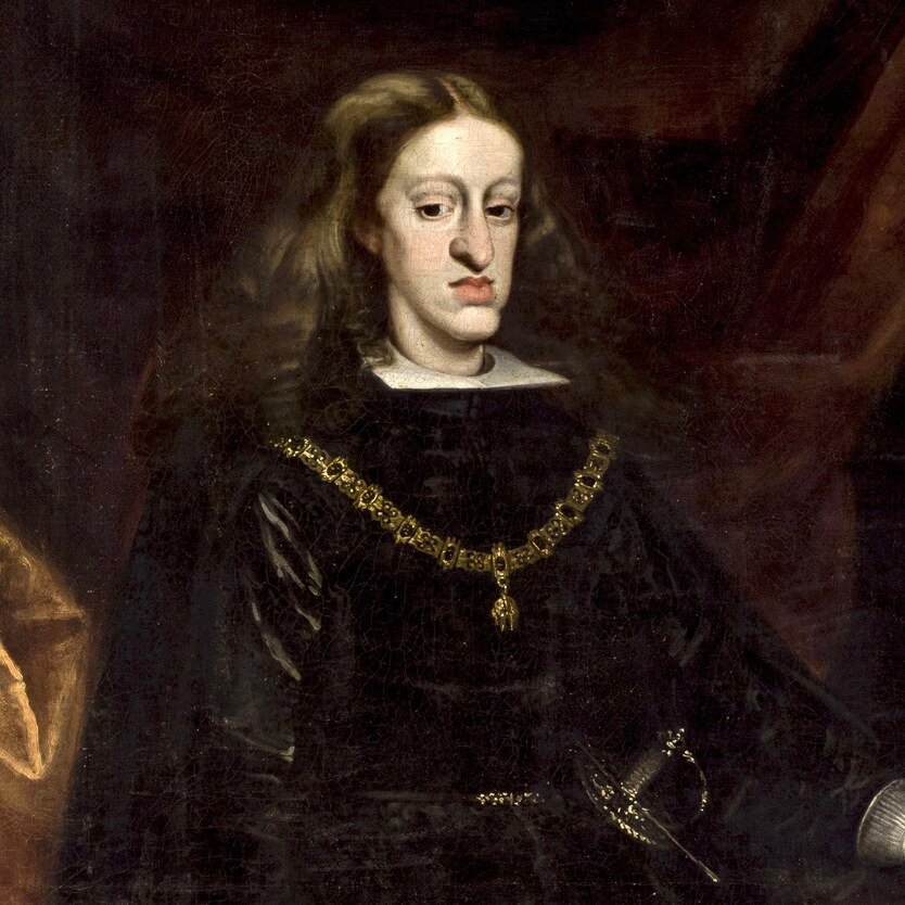 Juan Carreño de Miranda's portrait of King Charles II of Spain, showing the pronounced Habsburg jaw, dressed in black with a gold chain of the Order of the Golden Fleece.
