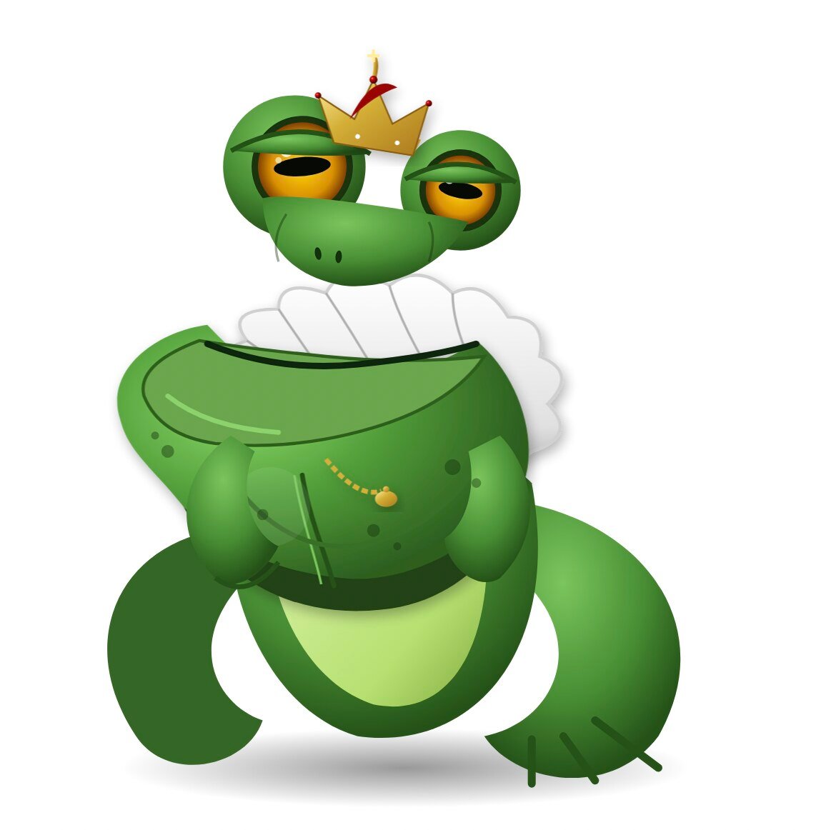 A cartoon frog with a heavy underbite wearing a crown and a white ruff collar, in the style of a Habsburg court portrait.