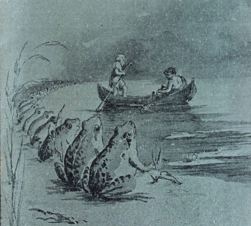 A 19th-century illustration of a scene from Aristophanes' The Frogs: Dionysus and Charon in a small boat crossing the water, with a row of frogs seated along the bank.